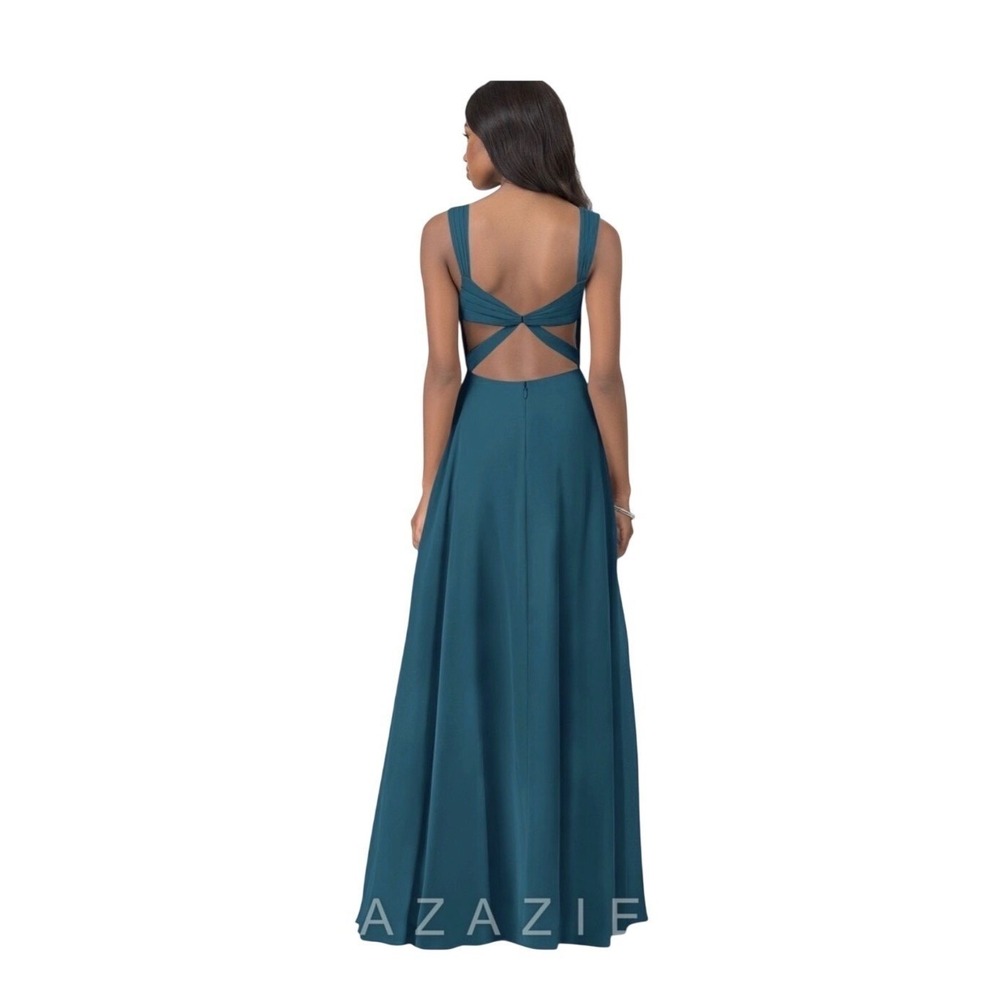 Azazie Nahrin Blue Chiffon V-Neck Open Back Pleated Maxi Bridesmaid Dress Size 4 - Picture 2 of 7